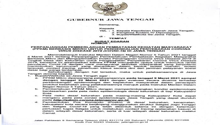 PERPANJANGAN PEMBERLAKUAN PEMBATASAN KEGIATAN MASYARAKAT ( PPKM ) Melalui Surat Edaran Gubernur Provinsi Jawa Tengah